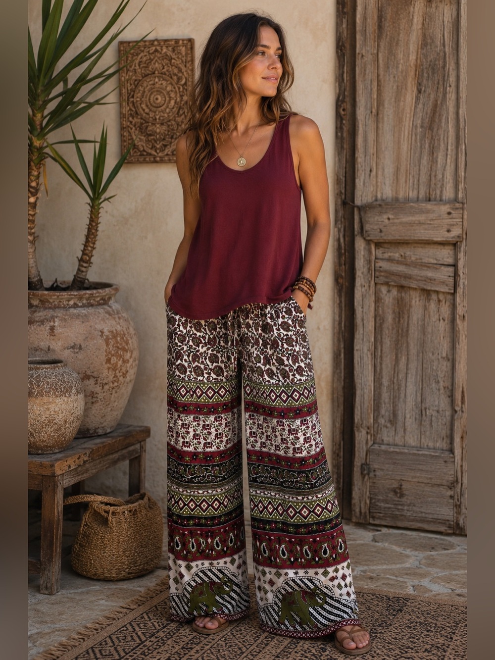 Earthbound Trading Co. Boho Elephant Print Wide Leg Pants – Size Medium